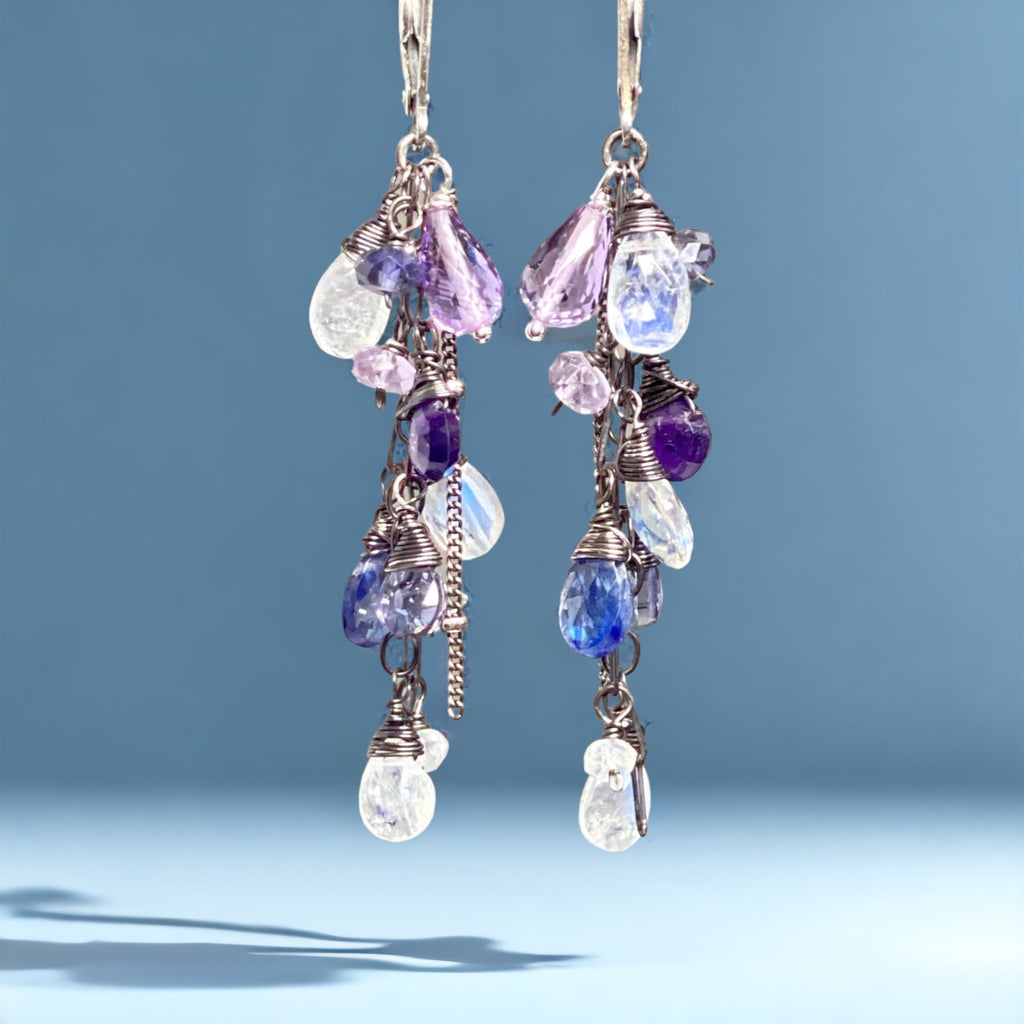 Blue Violet Boho Dangle Earrings Amethyst, Iolite, Moonstone, Oxidized Sterling Silver