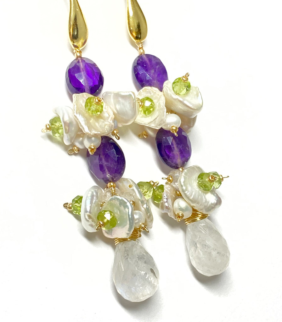 Amethyst Peridot Moonstone Keishi Pearl Long Drop Earrings