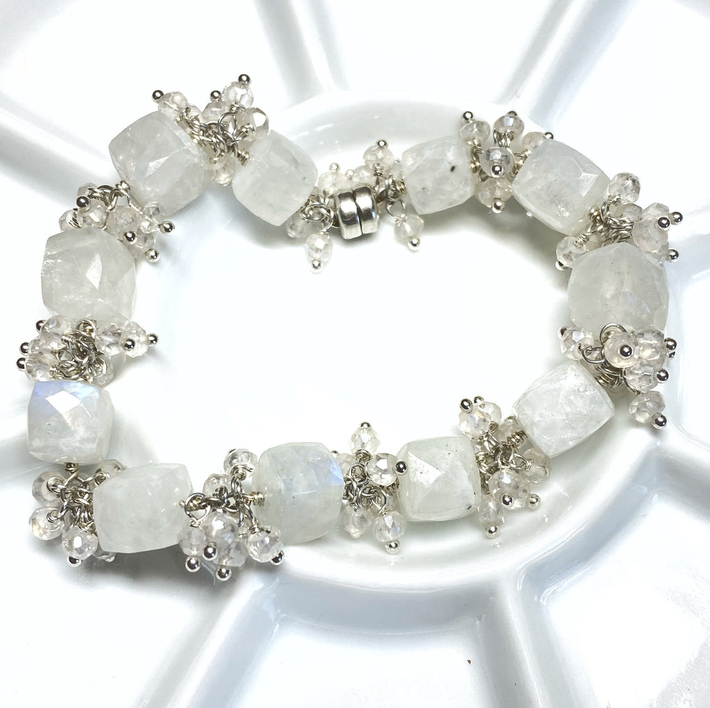 Rainbow Moonstone Bridal Bracelet Mystic Crystal Cluster Sterling Silver