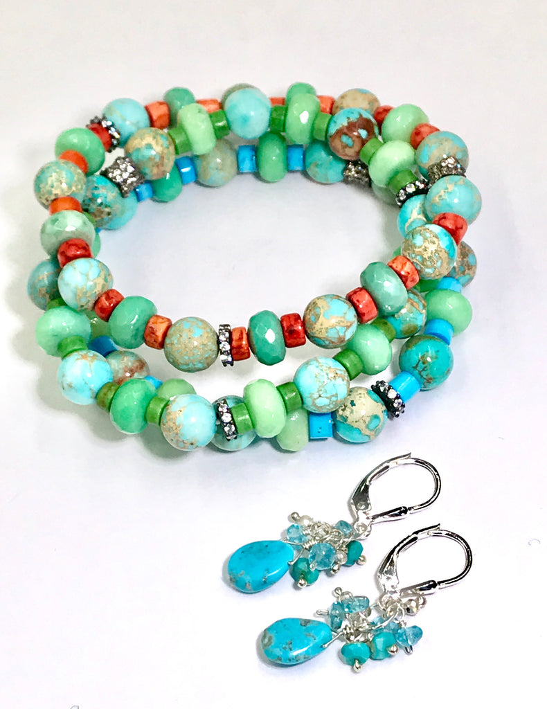 Turquoise Imperial Jasper Bracelet Set of 3 Oxidized Silver Pave CZ - doolittlejewelry