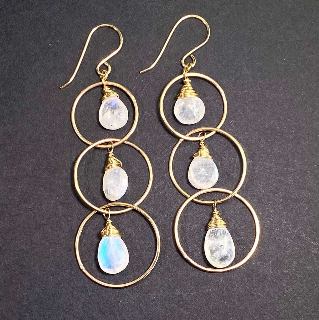 Rainbow Moonstone 14 kt Gold Fill Triple Hoop Earrings - doolittlejewelry