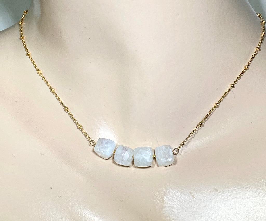 Rainbow Moonstone Cube Dainty Gold Fill Necklace - doolittlejewelry