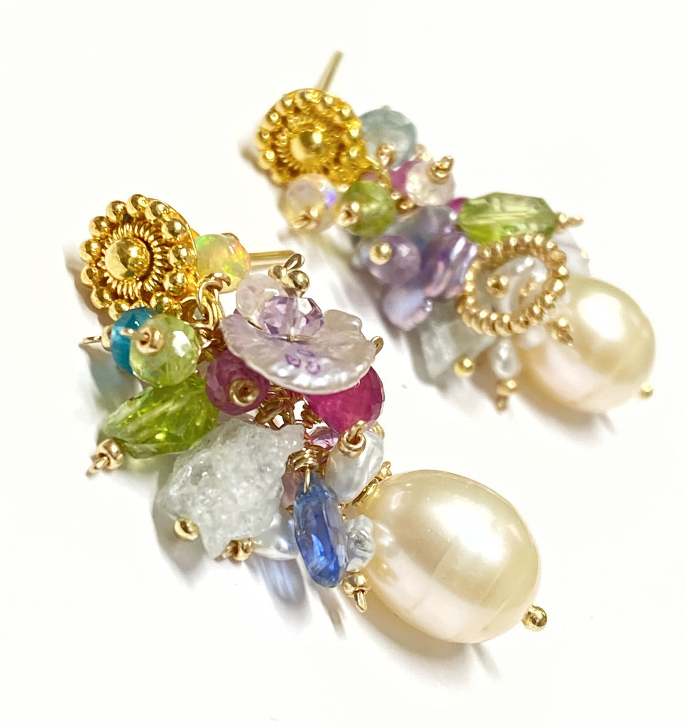 Pearl and Multi Gemstone Cluster Earrings