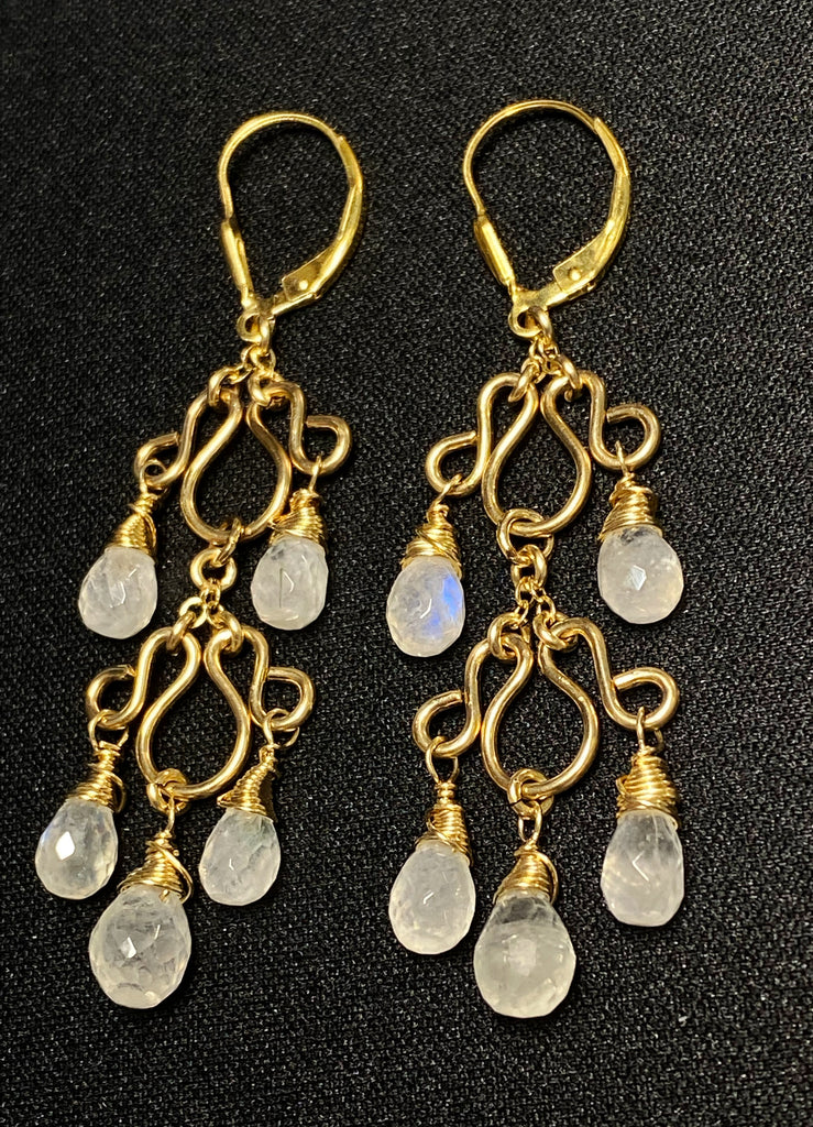 rainbow moonstone handmade chandelier earrings in 14 kt gold fill - Doolittle Jewelry