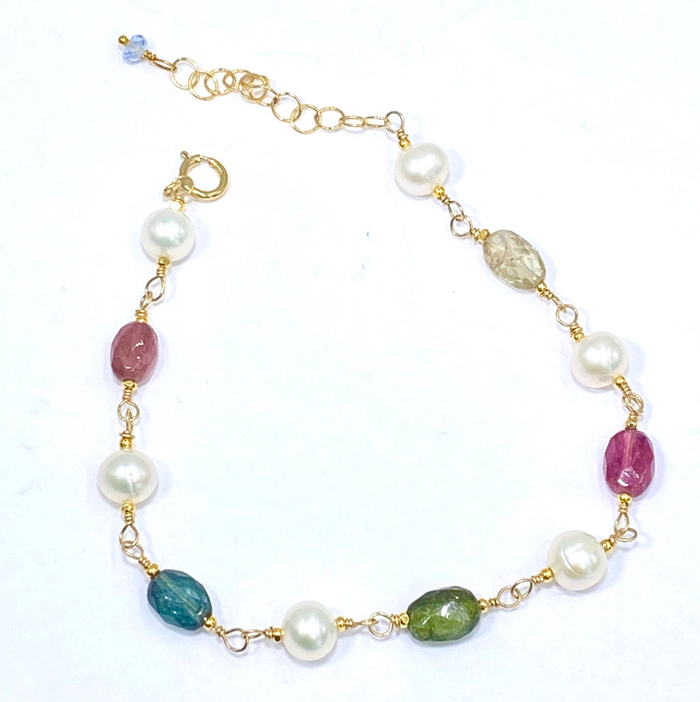 Tourmaline and Pearl Wire Wrapped Bracelet in Gold Fill Adjustable - doolittlejewelry