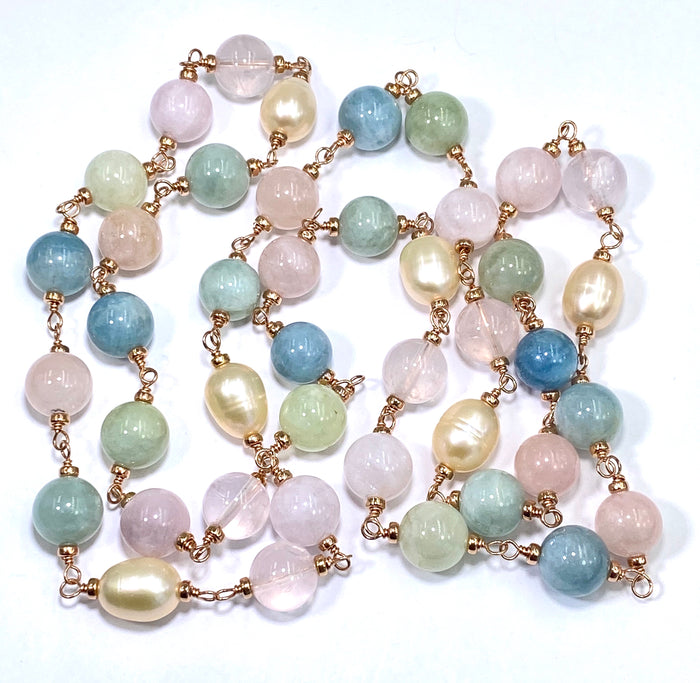 Long Rose Gold Necklace with Aquamarine, Morganite, Rose Quartz, Pearl Sautoir - doolittlejewelry