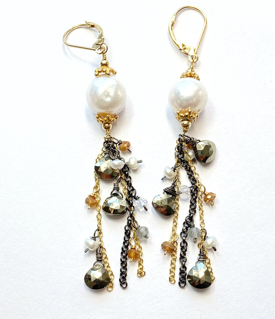 Edison Pearl Mixed Metal Long Dangle Earrings