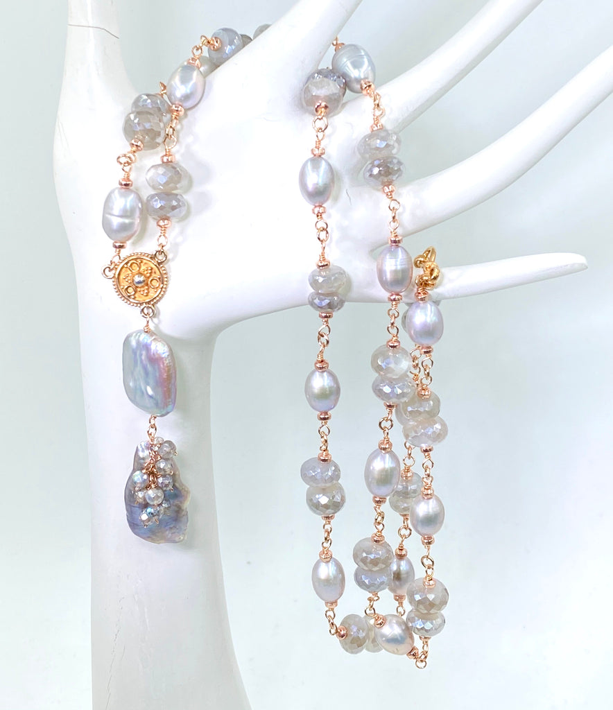 Rose Gold Silver Grey Pearl Moonstone Gemstone Long Necklace Sautoir - doolittlejewelry