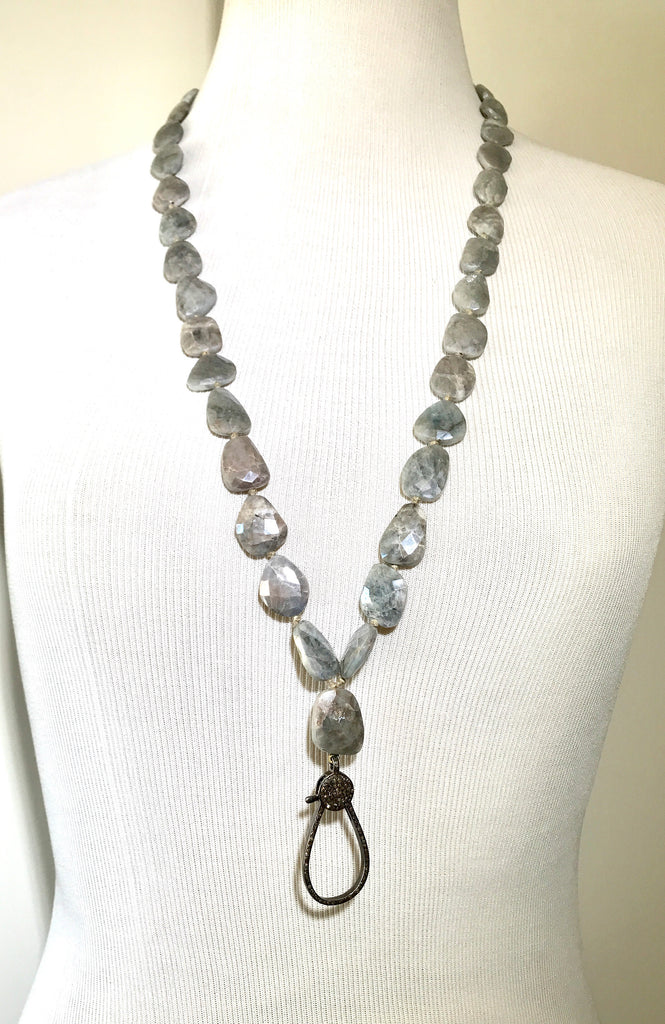 Diamond Clasp Long Boho Necklace Mystic Silver Grey Sapphire Slices - doolittlejewelry