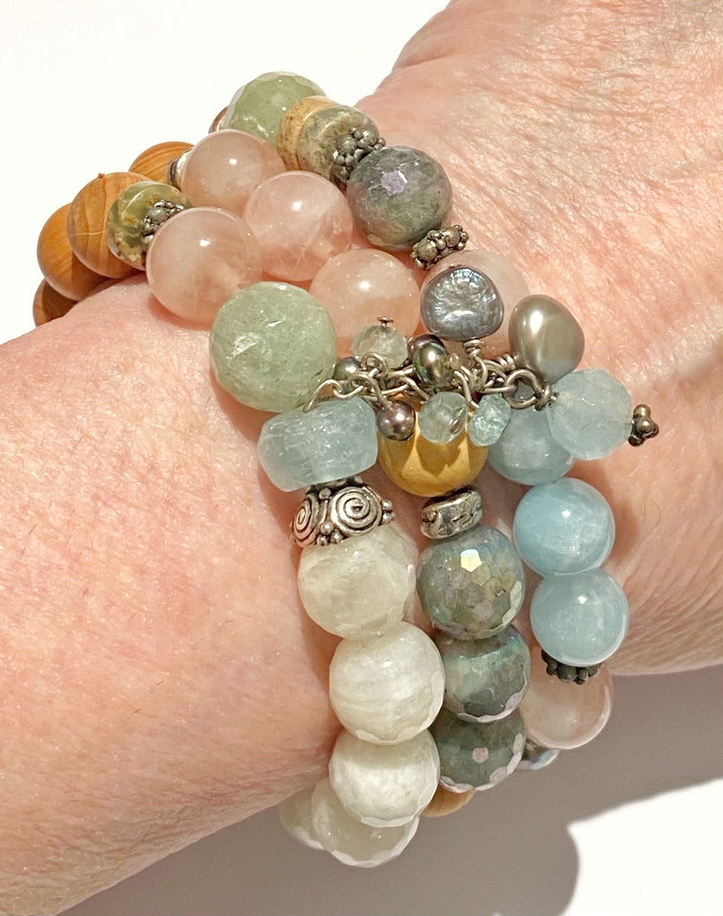 Colorful Pastel Stretch Stacking Bracelet Set of 3 Rose Quartz Moonstone Sandalwood