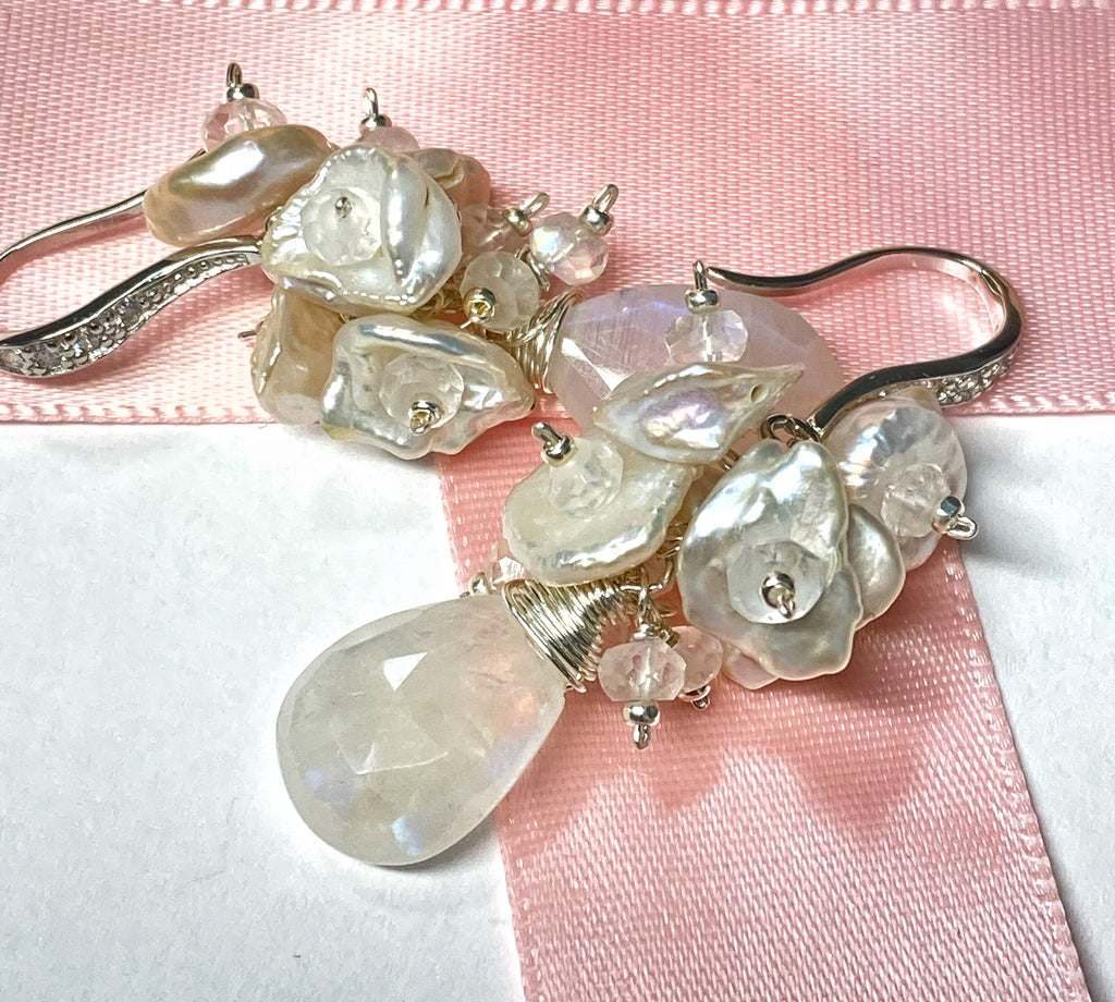 Rainbow Moonstone Keishi Pearl Cluster Bridal Earrings Sterling Silver