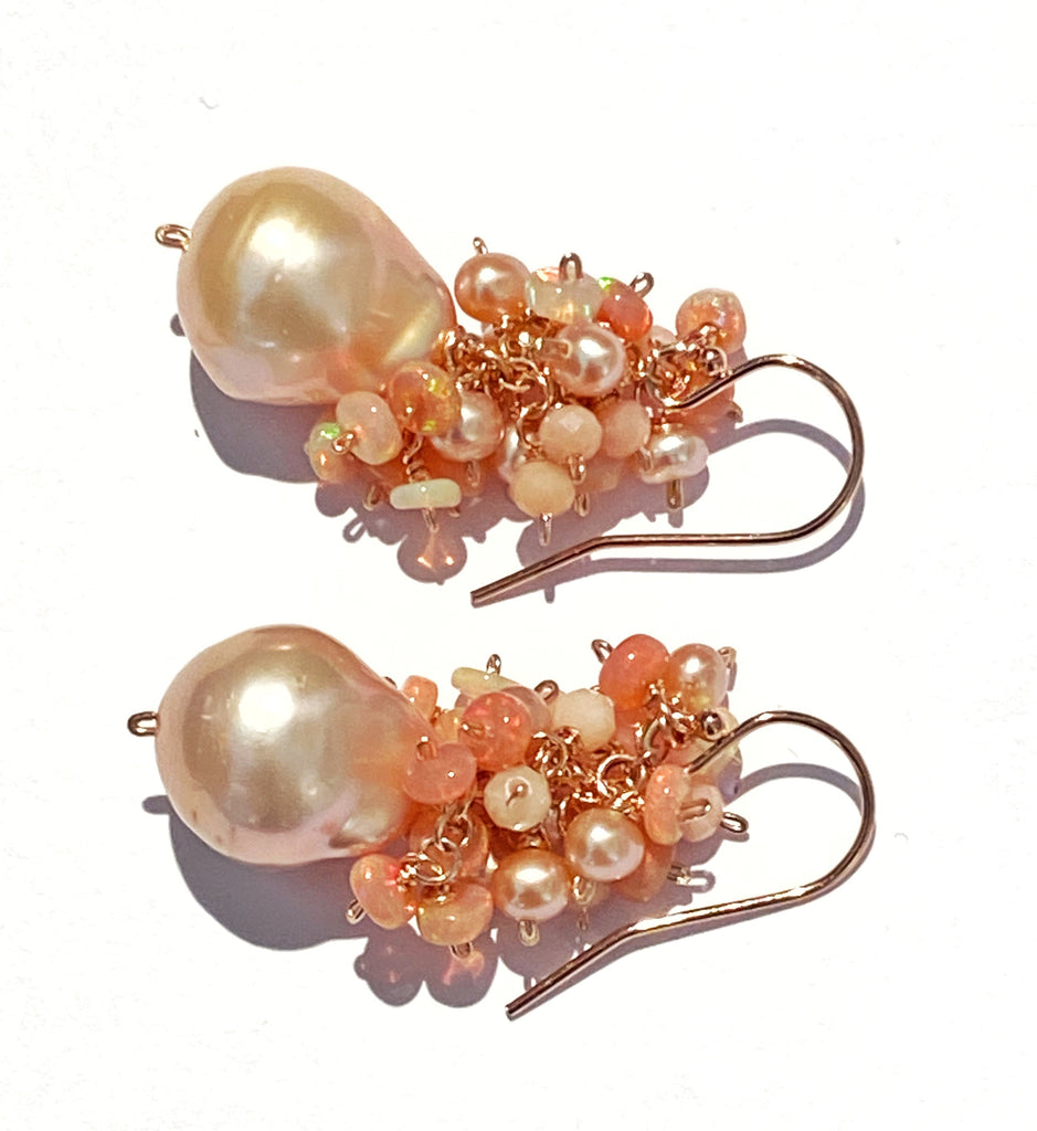 Blush Pink Baroque Pearl Opal Cluster Rose Gold Earrings
