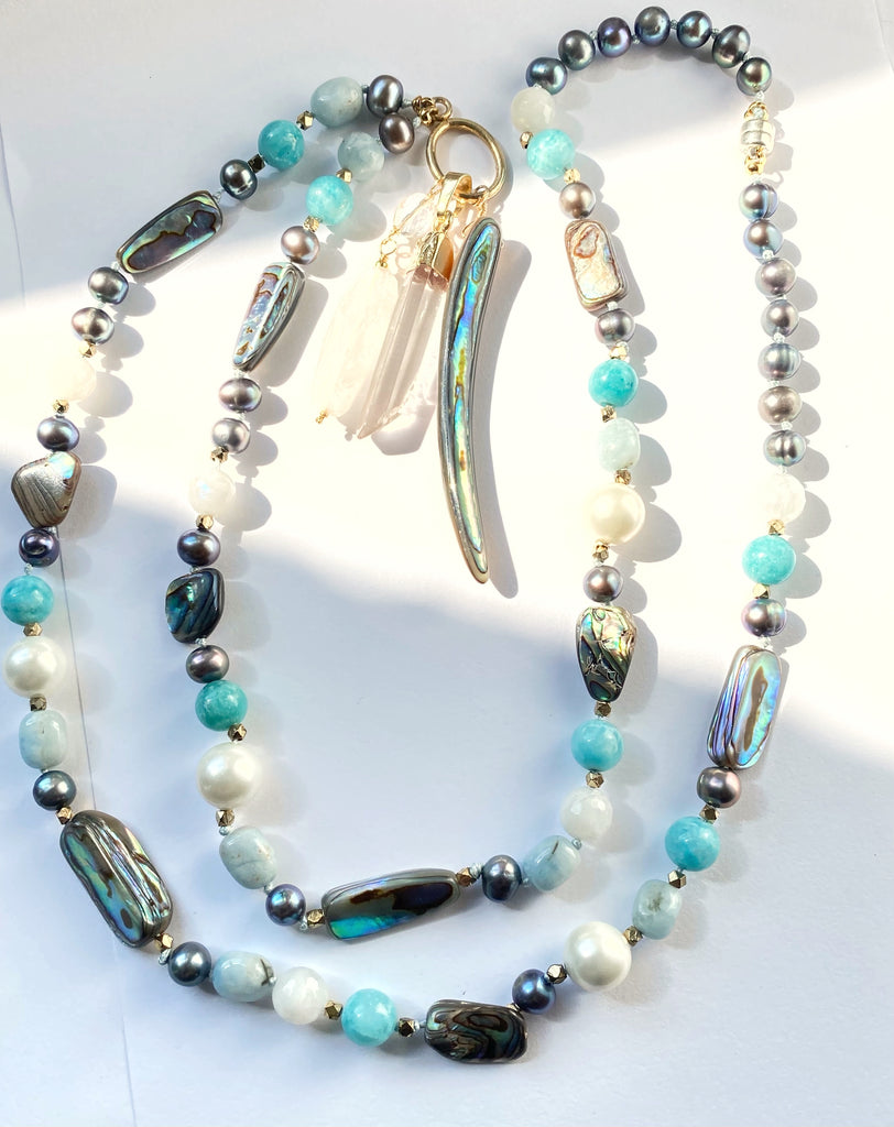 Abalone Long Necklace with Aquamarine, Moonstone, Pearl