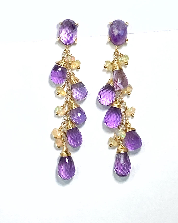 Amethyst, Opal and Gold Dangle Post Earrings