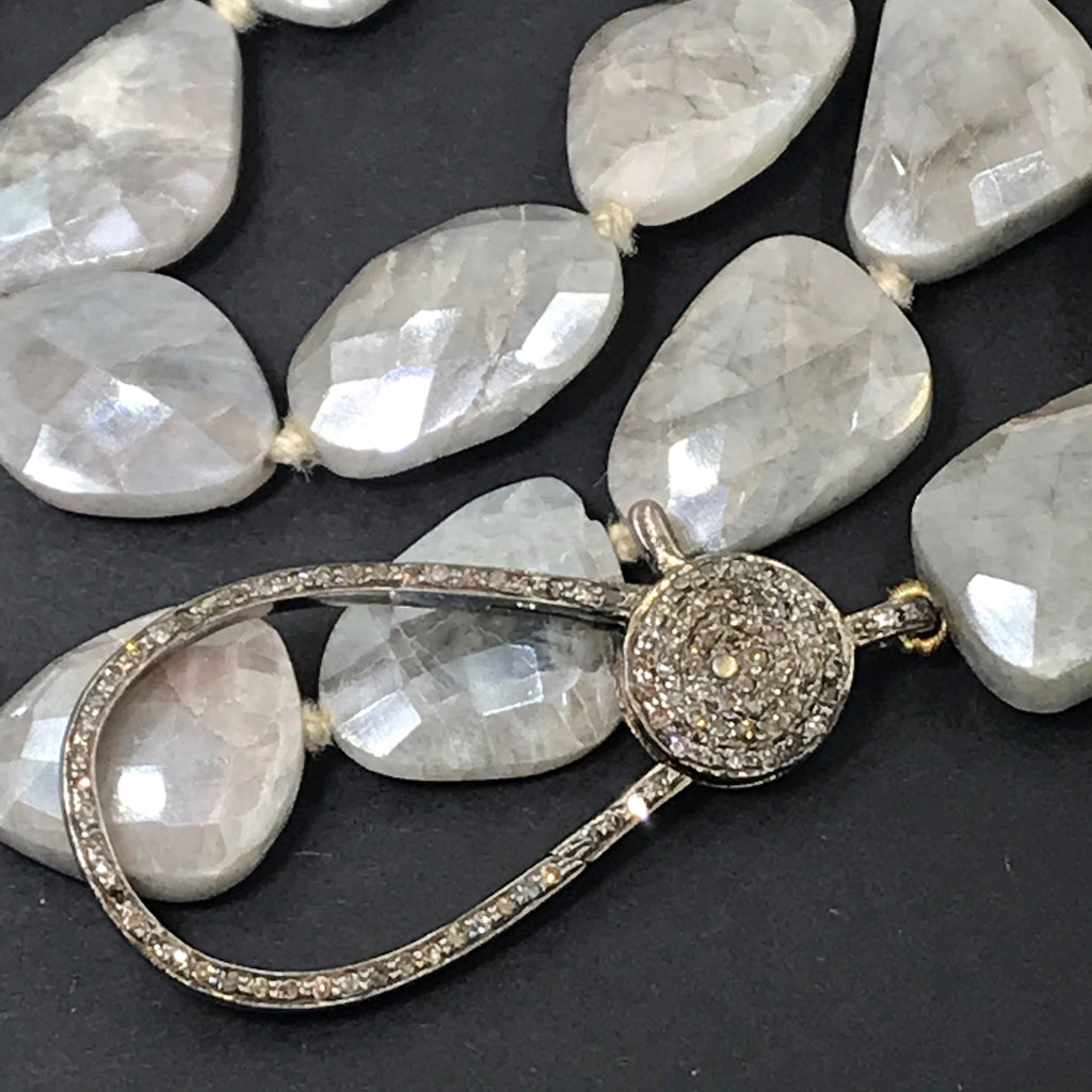 Diamond Clasp Long Boho Necklace Mystic Silver Grey Sapphire Slices - doolittlejewelry