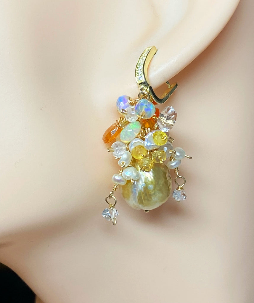 Pond-slime Baroque Pearl and Gemstone Cluster Earring