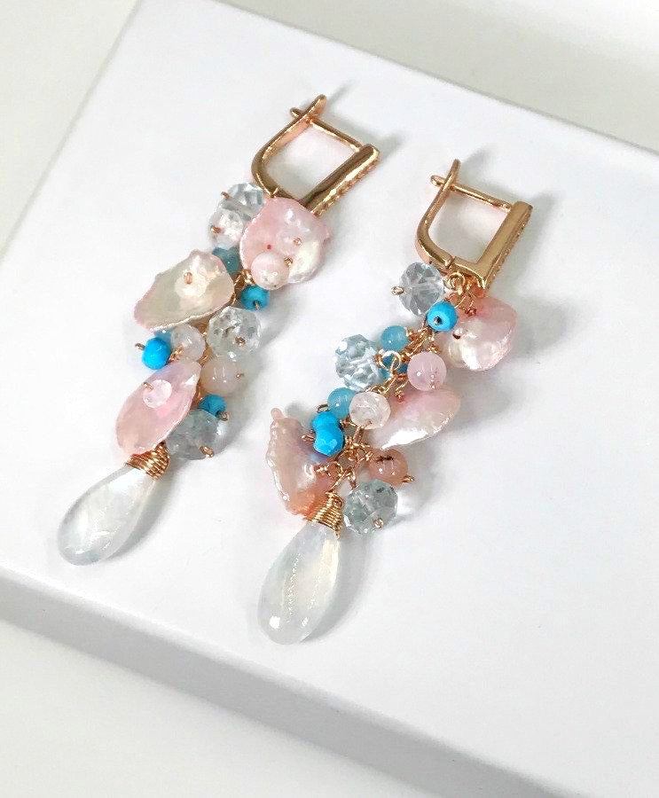 Moonstone and Blush Keishi Pearl Pastel Cascade Dangle Earrings