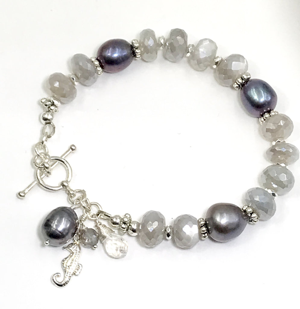 Grey Mystic Moonstone and Peacock Pearl Bracelet Sterling Silver