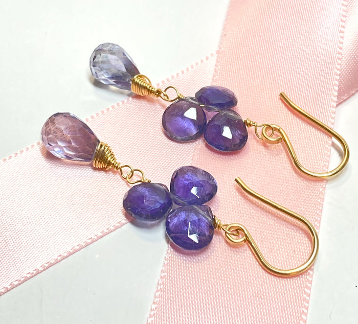 Blue Violet Gemstone Dangle Earrings Gold Fill