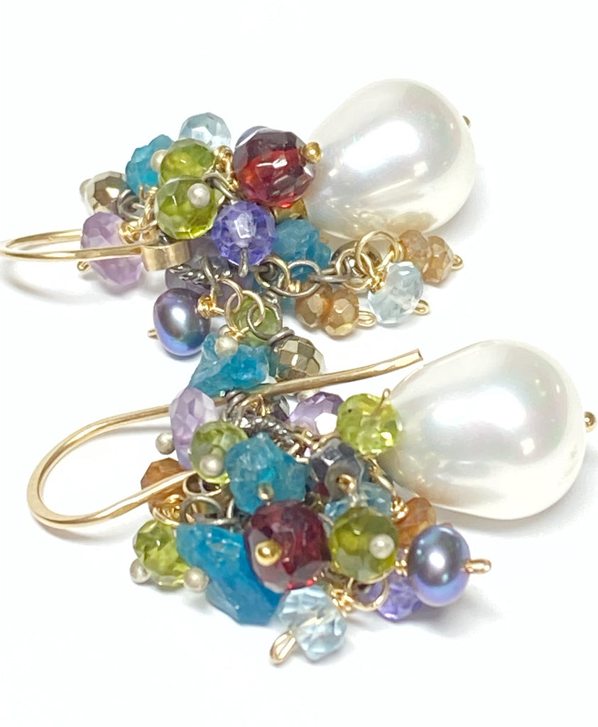 Pearl Cluster Earrings Multi-color Gemstone Mixed Metal