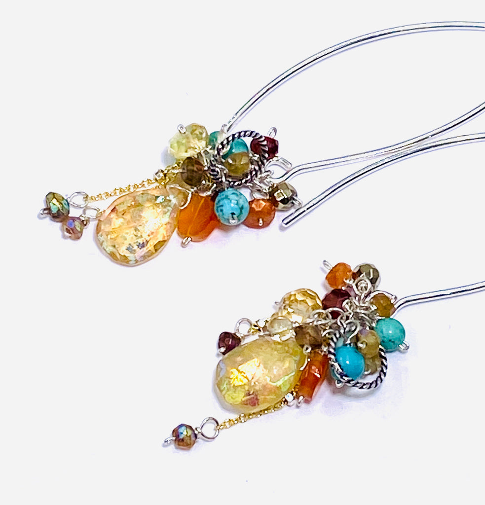 Mystic Citrine Earth Tone Gem Cluster Long Earrings Sterling Silver