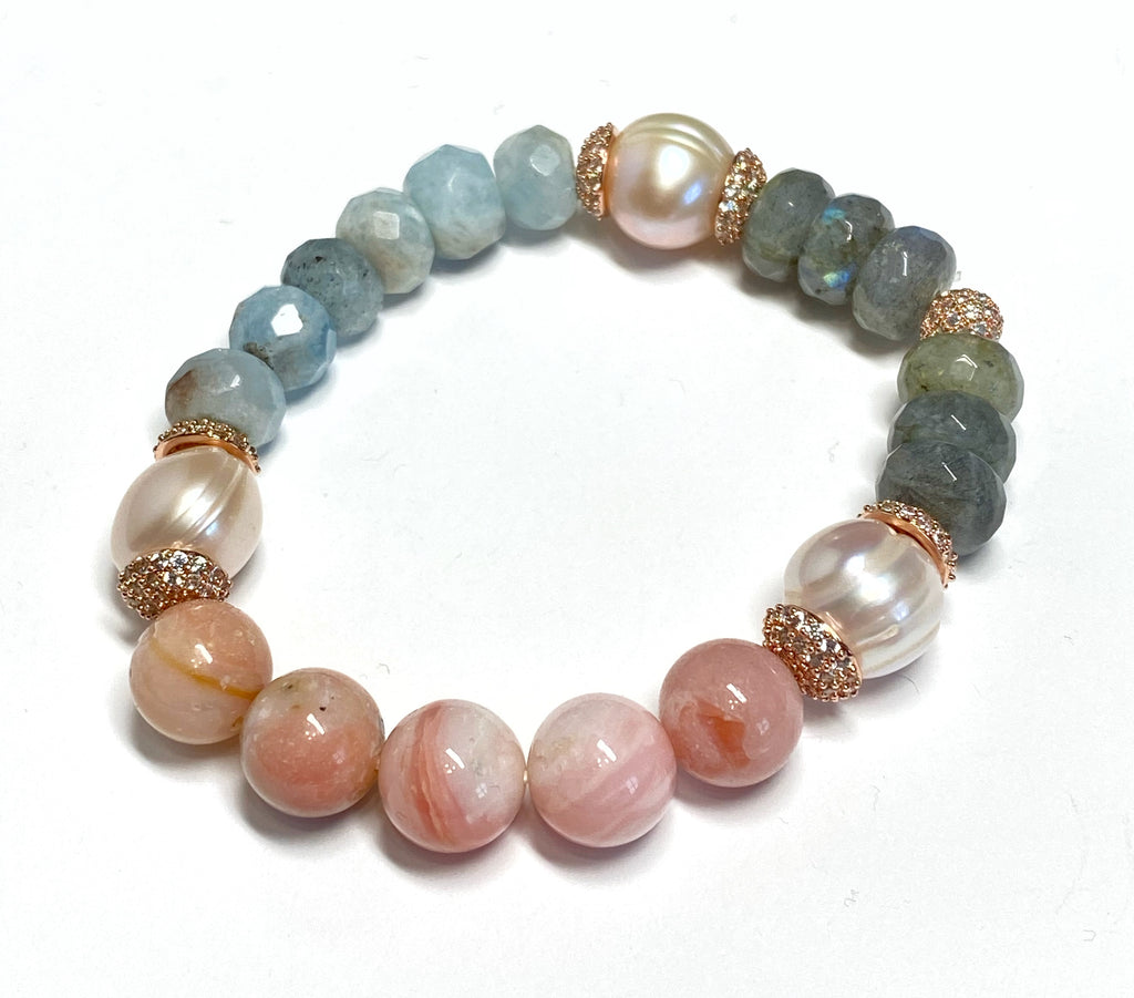 Aquamarine, Labradorite, Pink Opal, Blush Pearl, Rose Gold Pave CZ Bracelet 3