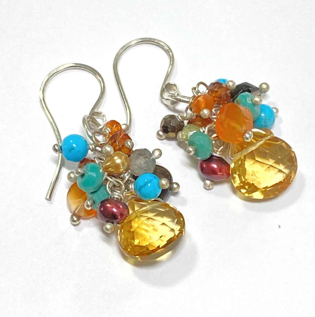 citrine, november birthstone, earrings with colorful gem clusters, sterling silver