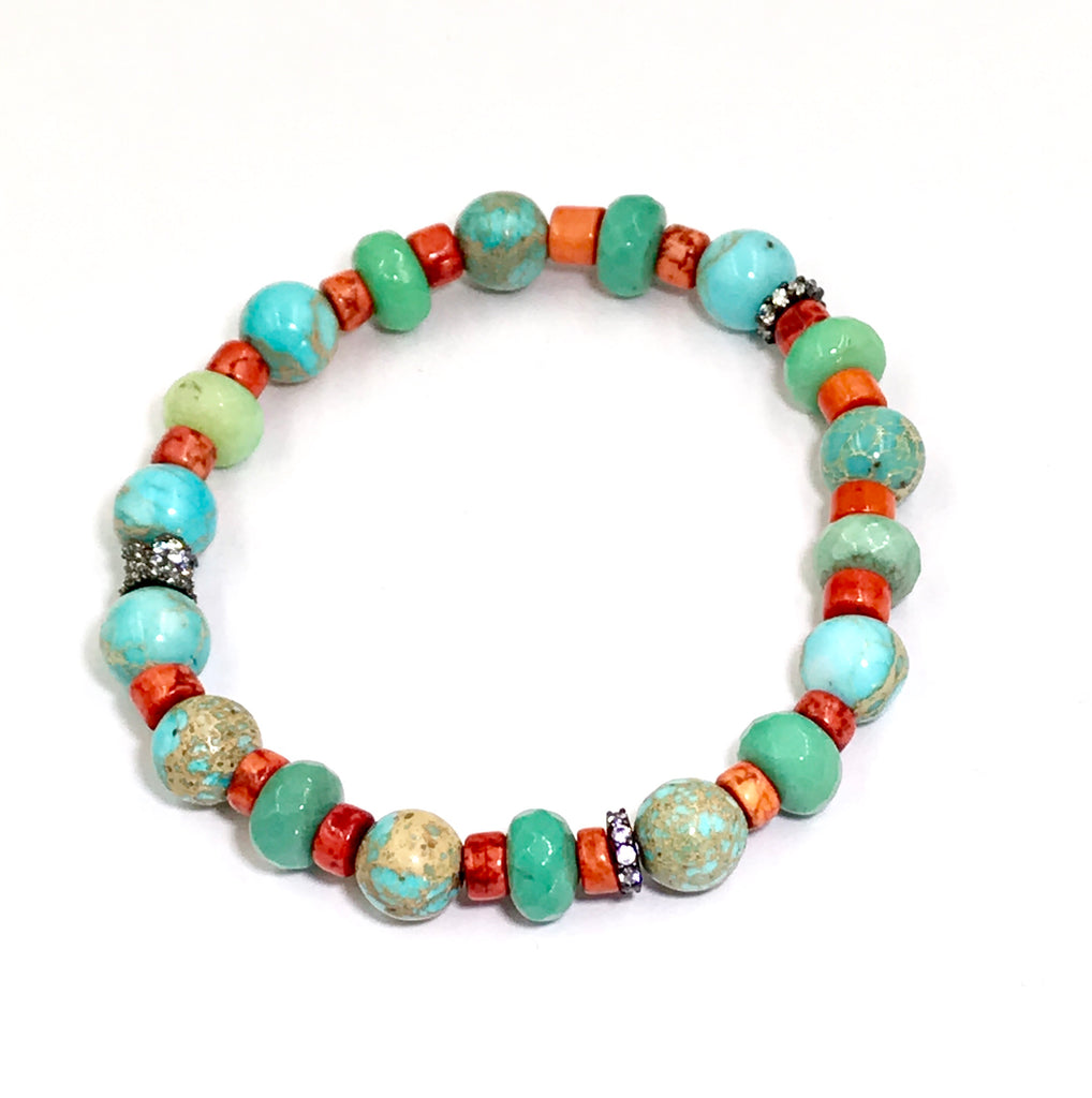 Turquoise Imperial Jasper Bracelet Set of 3 Oxidized Silver Pave CZ - doolittlejewelry