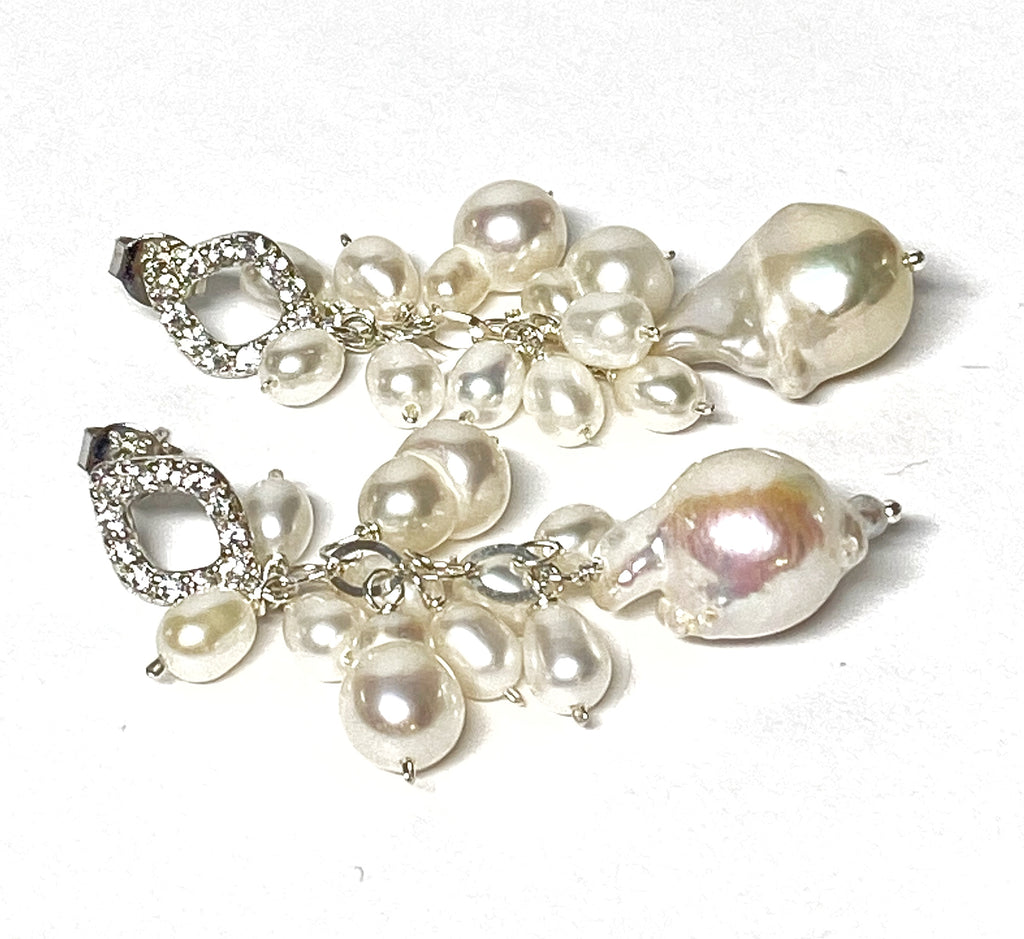 Pearl Dangle Wedding Earrings, Pave Silver Post