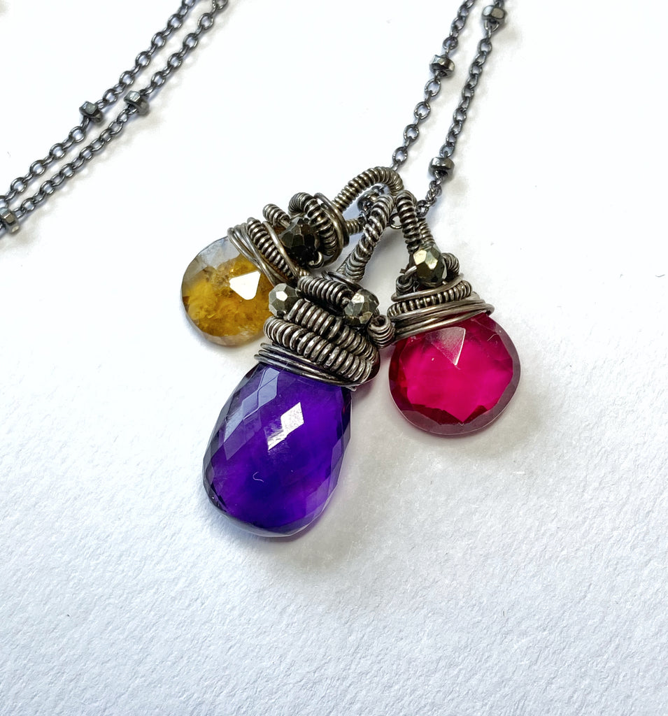 Amethyst, Red Topaz, Tourmaline Coiled Gemstone Pendant Necklace