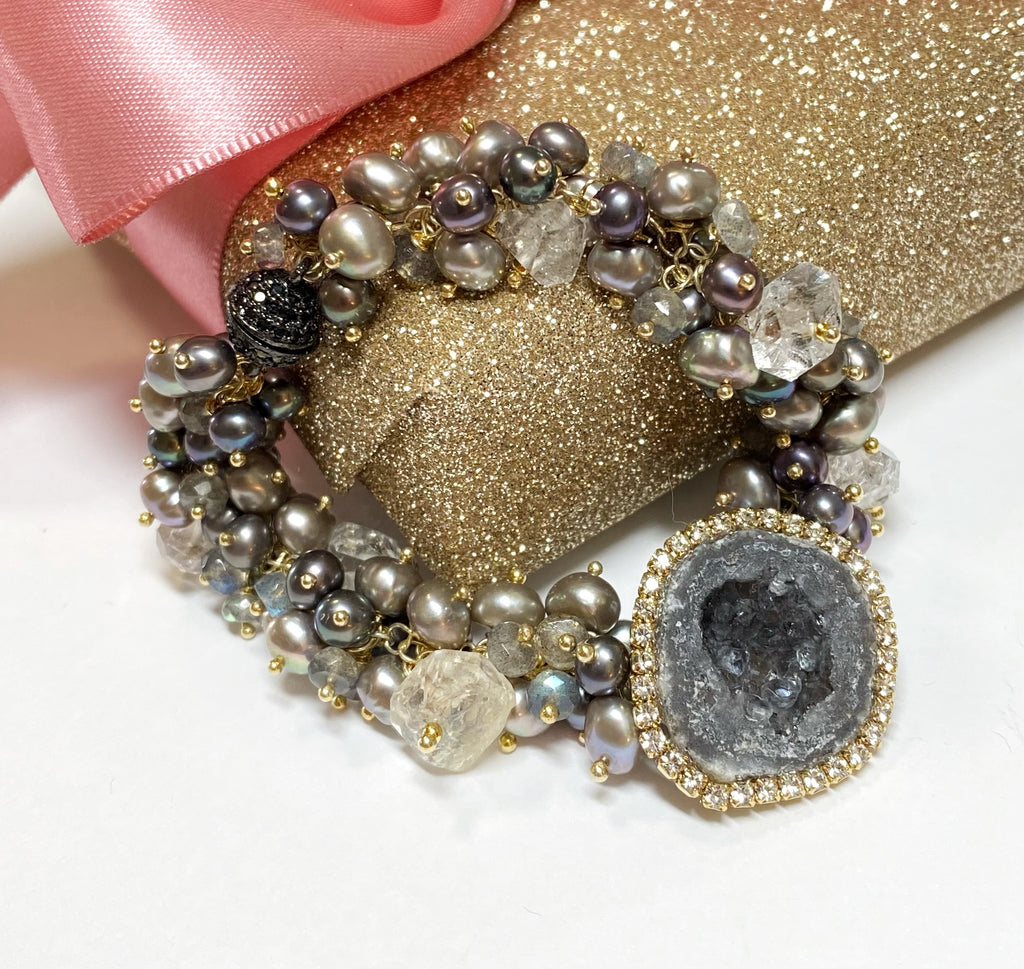 Black Tabasco Geode Cluster Bracelet with Herkimer Diamond Quartz