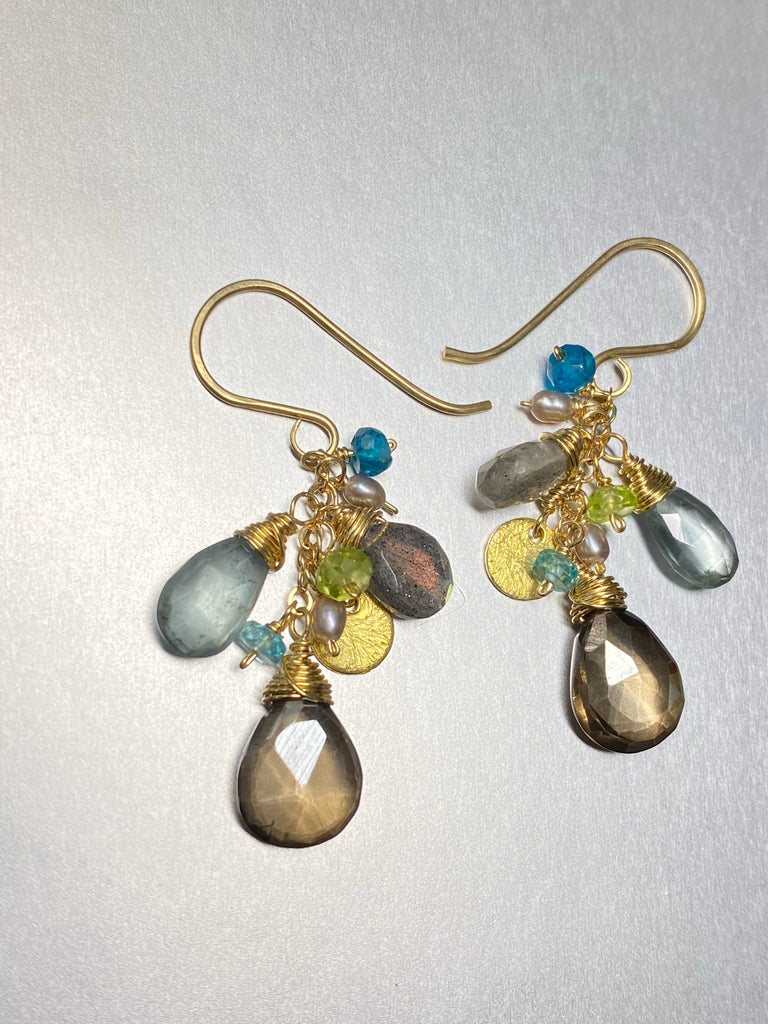 Gemstone Dangle Earrings Moss Aquamarine, Labradorite, Smokey Quartz
