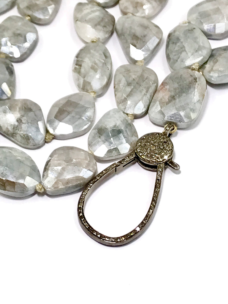 Diamond Clasp Long Boho Necklace Mystic Silver Grey Sapphire Slices - doolittlejewelry