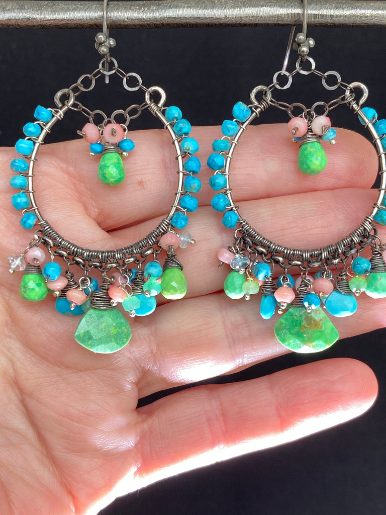 Turquoise Green, Coral  and Oxidized Silver Earrings - doolittlejewelry