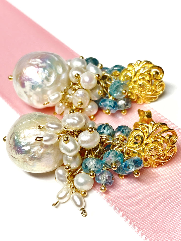Blue Zircon Pearl Cluster Earrings Gold Post