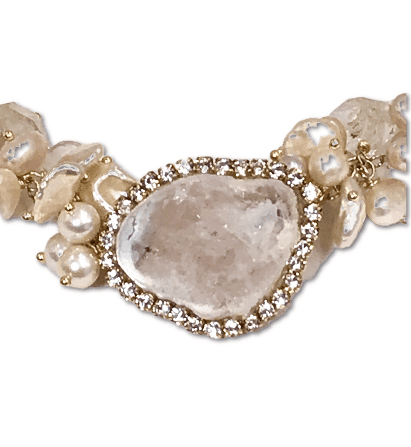 Ivory Blush Tabasco Geode Cluster Bracelet with Herkimer Diamond Quartz - doolittlejewelry