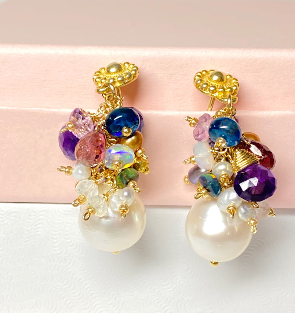 Gemstone Cluster Pearl Earrings, Amethyst, Opal, Pink Tourmaline, Gold Post