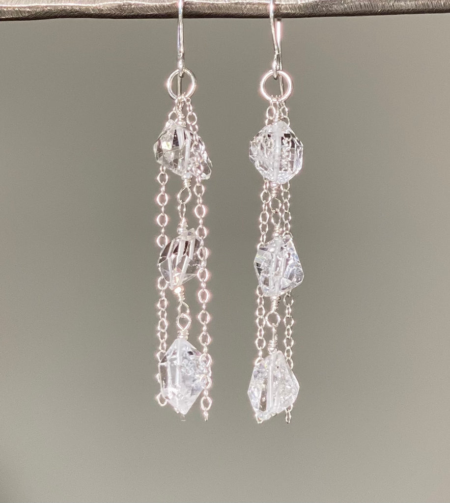 Herkimer Diamond Crystal Long Sterling Silver Dangle Earrings