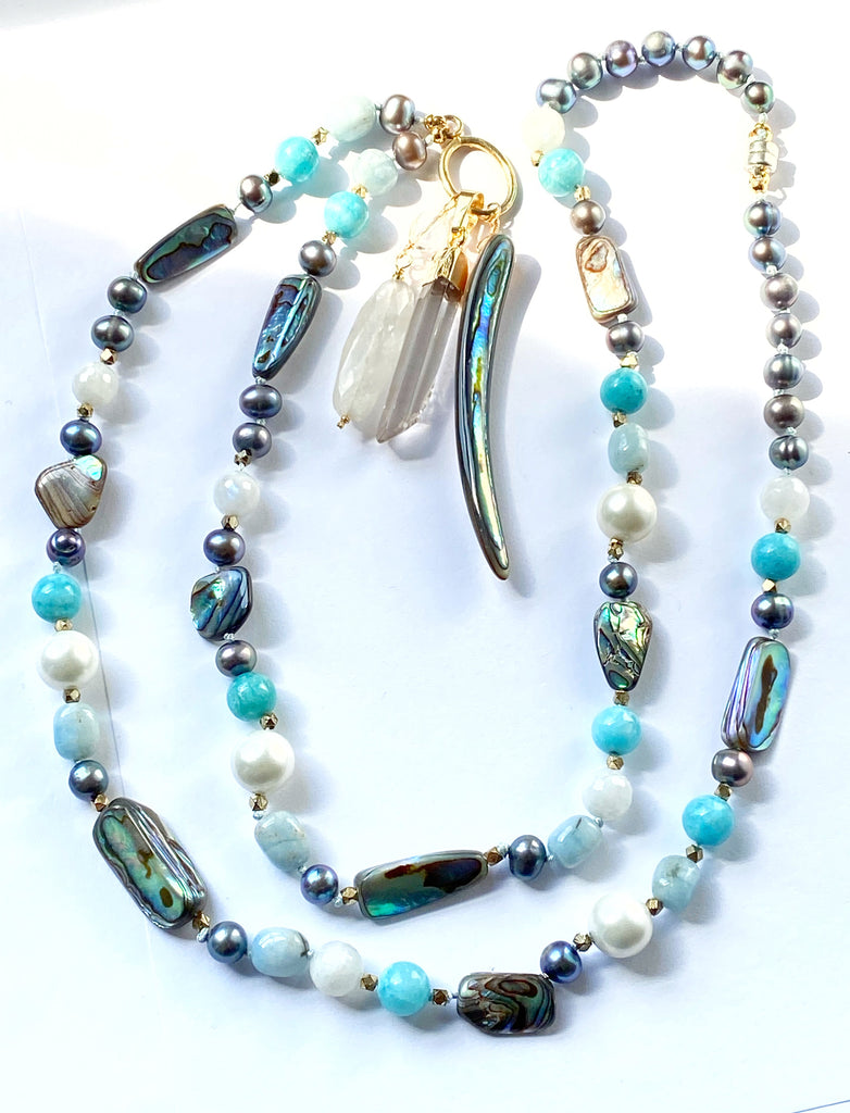 Abalone Long Necklace with Aquamarine, Moonstone, Pearl