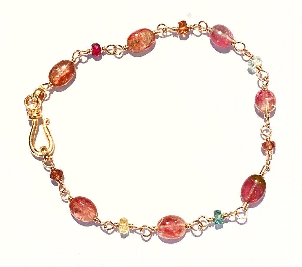 Watermelon Tourmaline Rose Gold Fill Rosary Style Bracelet Wire Wrap