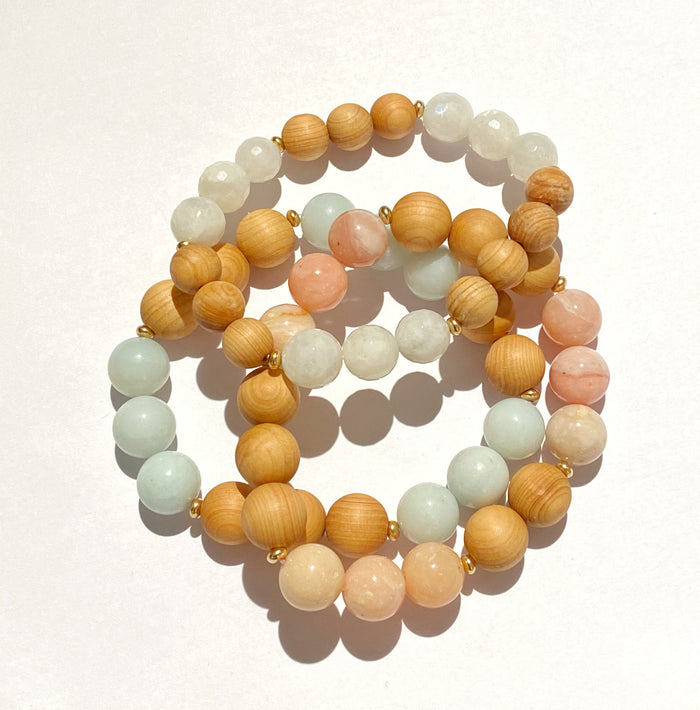 Pastel Gemstone Sandalwood Stretch Stacking Bracelet Set