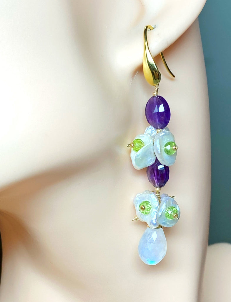 Amethyst Peridot Moonstone Keishi Pearl Long Drop Earrings