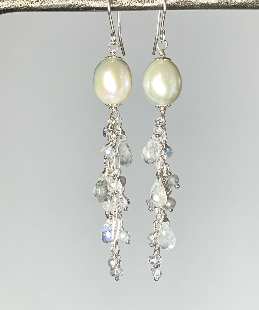 Pearl Moonstone Bridal Dangle Earrings Sterling Silver with Herkimer Diamonds