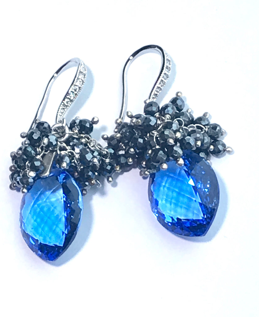 Blue Topaz and Black Spinel Cluster Earrings Sterling Silver - doolittlejewelry