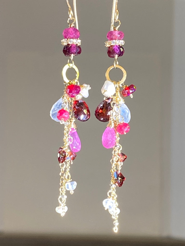 Red Pink Gemstone Long Boho Chain Dangle Earrings Garnet Pink Sapphire - doolittlejewelry