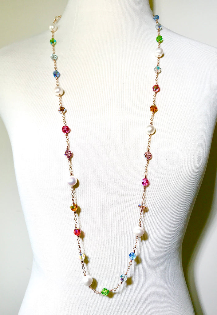 Rose Gold Pearl Swarovski Crystal Long Sautoir Necklace Rosary Style - doolittlejewelry