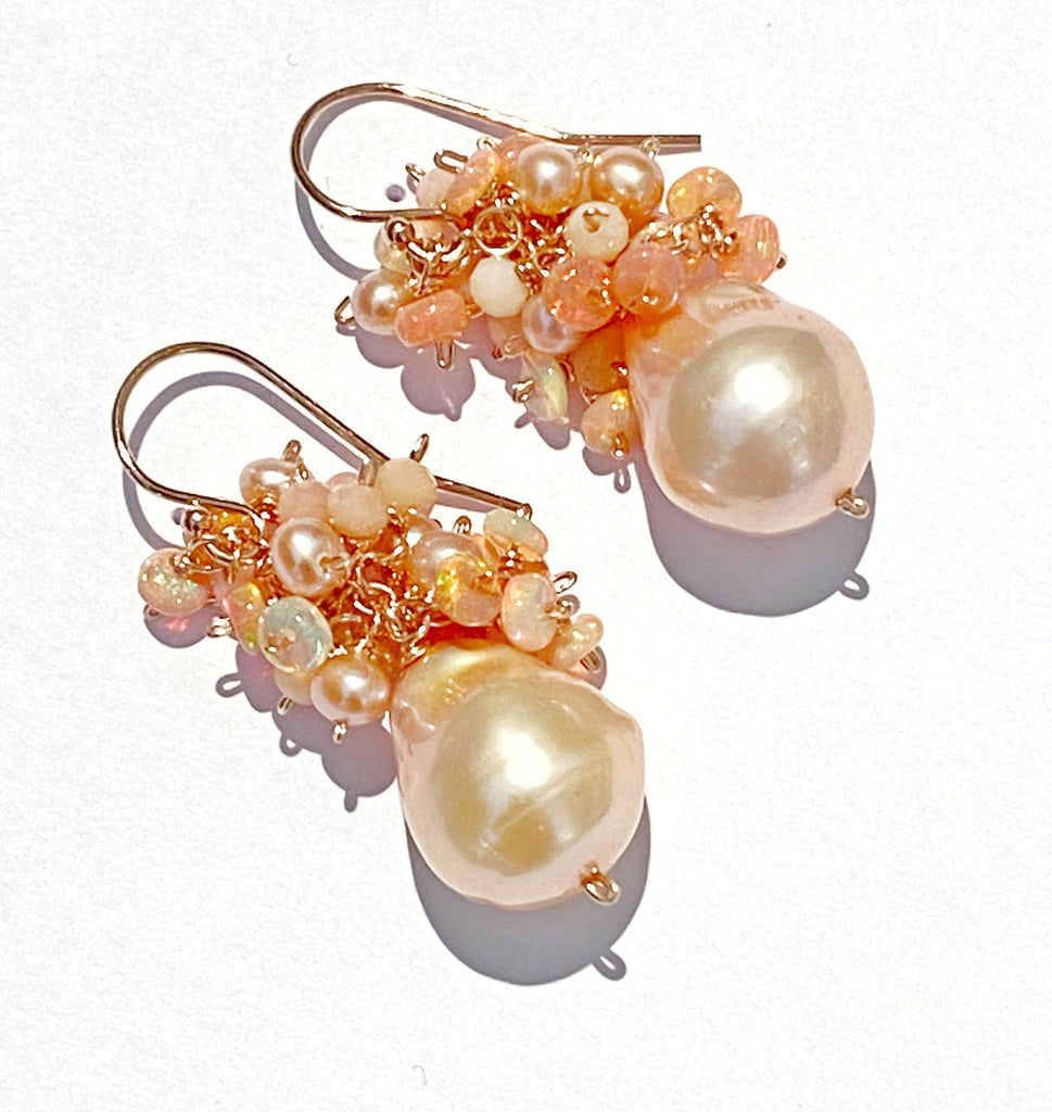 Blush Pink Baroque Pearl Opal Cluster Rose Gold Earrings