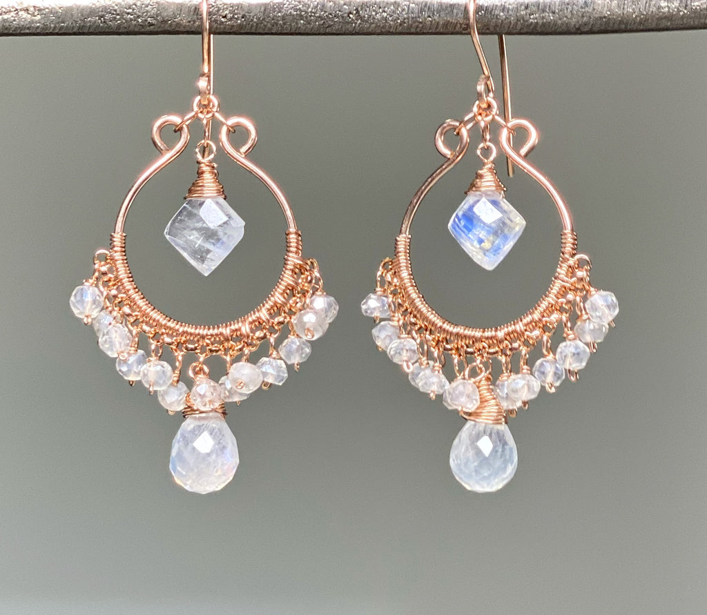 rose gold rainbow moonstone hoop earrings