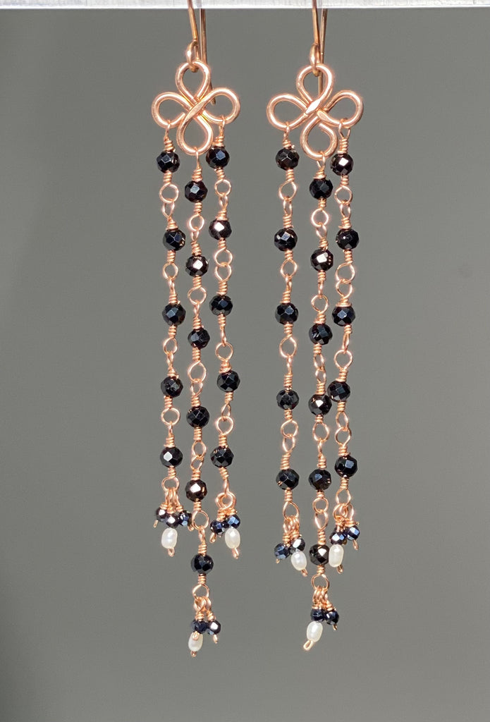 Long Black Spinel Shoulder Duster Dangle Earrings Rose Gold