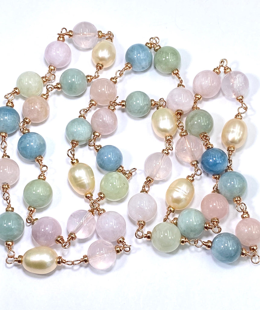 Long Rose Gold Necklace with Aquamarine, Morganite, Rose Quartz, Pearl Sautoir - doolittlejewelry